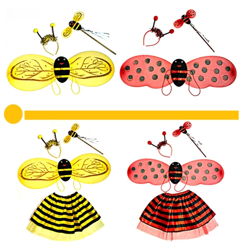 Bee Ladybug Costume Wings Headband Magic Wand Tutu Skirt Kids Performance Stage Halloween Party Dress Up Accessories