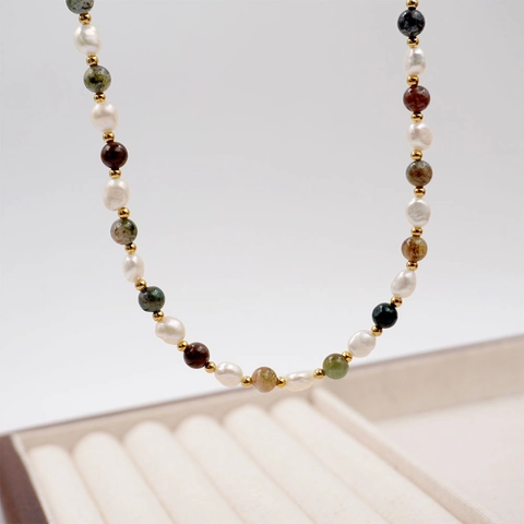 Dopamine Colorful Stone Freshwater Pearl Necklace Handmade Stainless Steel Beaded Choker For Women Adjustable Jewelry Gift