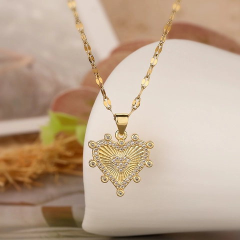 Heart Pendant Necklace Copper Gold Plated With Zircon Multi Color Stones Ins Minimalist Jewelry For Women