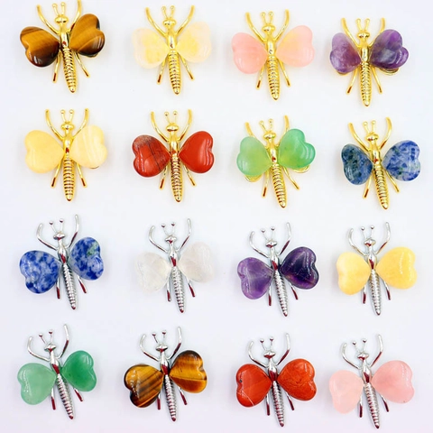 Butterfly Ornament Natural Crystal Heart Shape Stone Home Office Desk Decoration Amethyst Rose Quartz Gemstone Craft