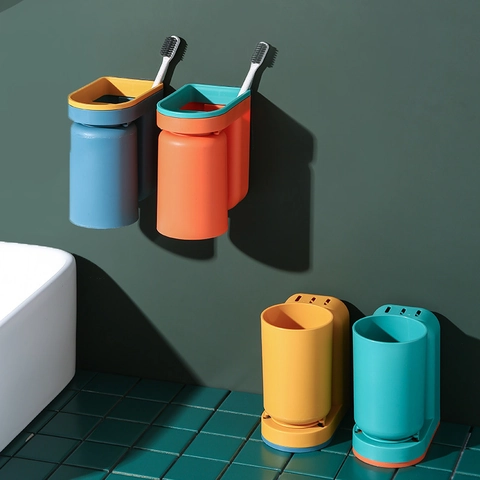 Soporte Para Cepillo De Dientes De Pared Con Vaso Sin Perforaciones Plástico Organizador De Baño Color Contrastante