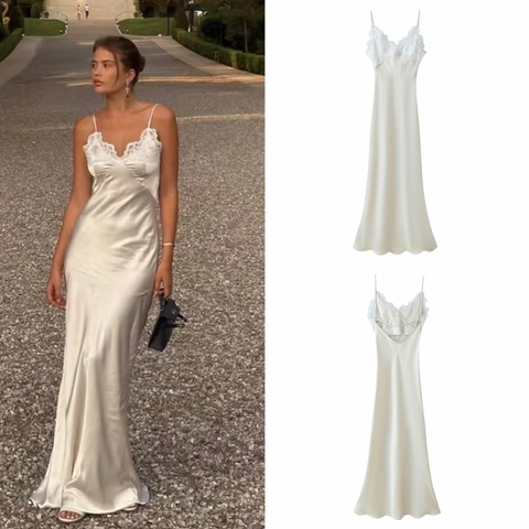 Sexy Satin Maxikleid Spitze Patchwork Spaghettiträger Rückenfrei V-Ausschnitt Elegant Hochzeitsfeier Kleid Für Damen