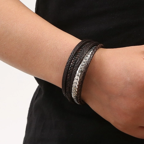 Retro Multi Layer Braided Leather Bracelet With Stainless Steel Chain And Magnetic Buckle For Men Vintage Punk Jewelry