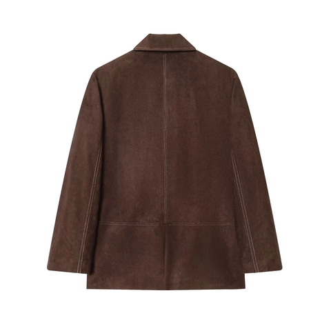 Dames Blazer Van Imitatiesuède Met Contraststiksel Revers Enkele Knoop Lange Mouwen Donkerbruin Vintage Casual Jas