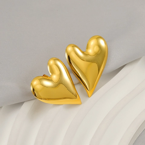 Pendientes De Botón De Corazón Chapado En Oro De 18K Acero Inoxidable Pulido Liso Grande Moda Para Mujeres