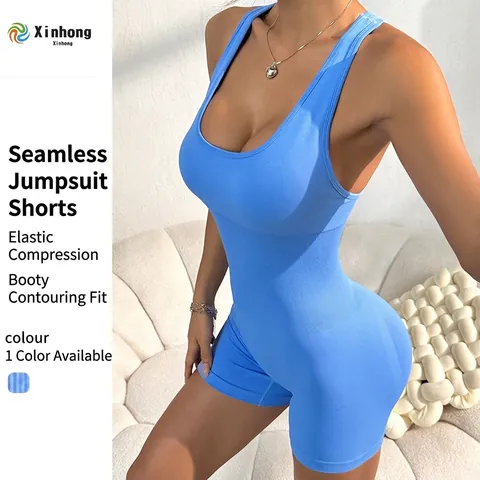Ärmelloser Yoga Bodysuit Gerippter Workout Romper Für Damen Schlanke Passform Po Lifting Atmungsaktiver Fitness Jumpsuit Blau