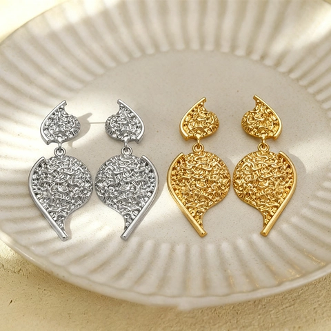Pleated Texture Irregular Leaf Drop Earrings With 925 Sterling Silver Earring Post Elegant Metallic Jewelry For Women