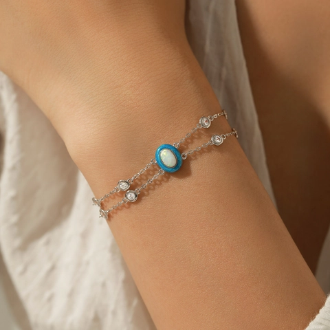 Bracciale a Catena a Strati in Argento Sterling 925 Smalto Sfumato Opale Ovale per Donna Squisito Intarsio di Strass Regalo di Alta Gioielleria