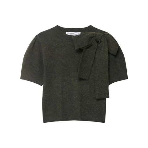 Women Short Sleeve Knitted Sweater Top Round Neck Elegant Solid Color Large Bow Decor Polyester Knit