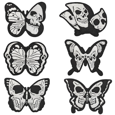 Skull Butterfly Embroidered Patch Iron On Sew On Black White Punk Gothic Applique For Clothes Bags DIY Decor