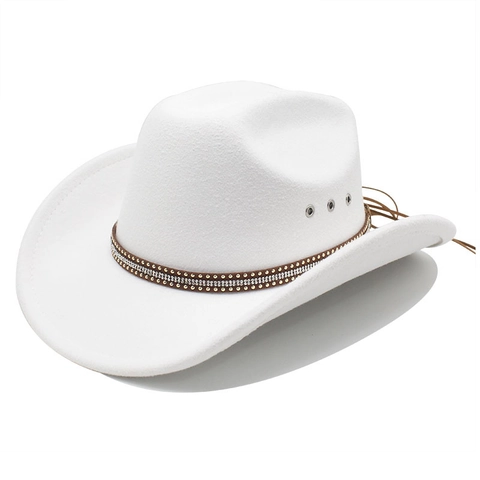 Chapeau De Cow-Boy Western En Feutre De Laine À Bord Large Avec Bande De Strass Et Rivets Et Glands