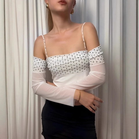 Camiseta de Mujer Sexy con Cuello Barco Lunares Empalme Manga Larga Malla Ajustado Pullover Top para Citas Diario Fiesta