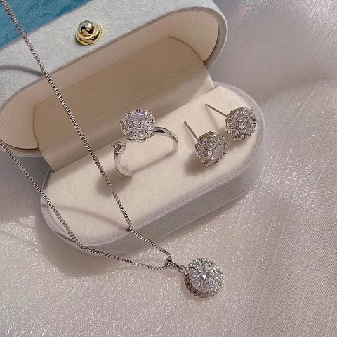 Rotatable Cubic Zirconia Necklace Stud Earrings Adjustable Ring Stainless Steel Elegant Sparkling Jewelry For Women