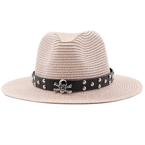 Sombrero Fedora De Paja Trenzada Protección Solar Verano Playa Transpirable Cinturón Cuero Remaches Metal Decoración Cráneo Hombre Mujer