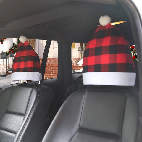 Christmas Car Headrest Cover Santa Hat Design Buffalo Plaid Cloth Festive Auto Seat Decor Xmas Party Atmosphere Prop