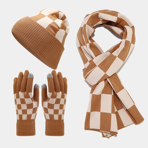 Schachbrett Strickmütze Schal Und Touchscreen Handschuhe Winter Warm Outdoor Acryl Mode Unisex Accessoires