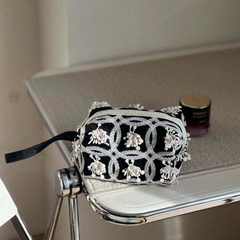 Vintage Canvas Borduurwerk Cosmetische Tas Handtas Vlinder Bloemenpatroon Kwastje Rits Opbergtas Dames