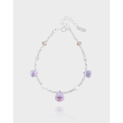 S925 Sterling Silver Bracelet For Women With Purple Artificial Crystal Water Drop And Pearl Inlaid Geometric Beaded Chain Jewelry Gift