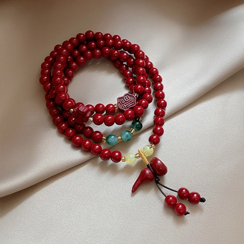 Multi Layer Zinnober Perlenarmband Damen Chinesischer Ethno Stil Gourd Blumen Fu Charakter Charms Vintage Retro Schmuck