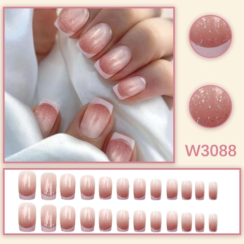 Französischer Farbverlauf Press On Nägel Rosa Nude Künstliche Falsche Nagelspitzen Mit Silberglitzer Kurz Quadratisch