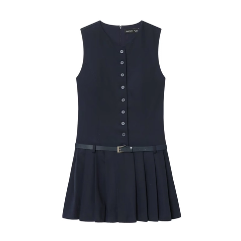 Vestido Corto Sin Mangas Mujer Poliéster Cintura Alta Botones Frontales Elegante Plisado Color Sólido Con Cinturón Azul Marino