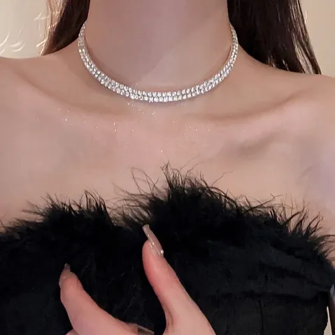 Elegant Rhinestone Choker Necklace For Women French Retro Light Luxury Sparkling Alloy Tennis Collar Jewelry Silver Tone