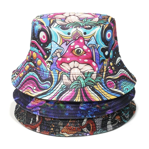 Psychedelic Mushroom Print Bucket Hat Polyester Foldable Sun Protection Outdoor Fashion Fisherman Hat Unisex