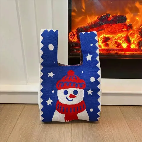 Christmas Knitted Tote Bag Mini Handheld Polyester Winter Holiday Reindeer Snowman Pattern Cute Novelty Gift Bag