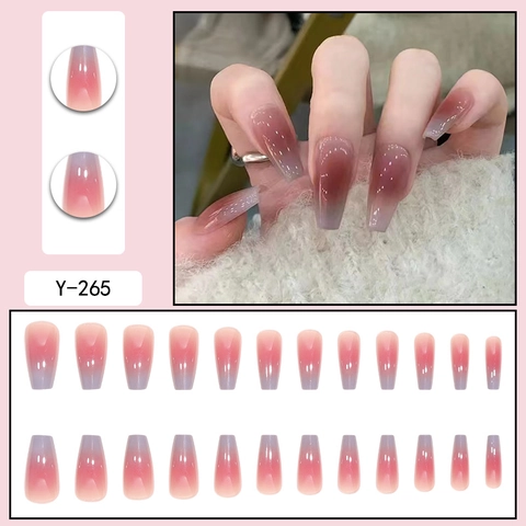 Press On Nails Long Coffin Shape Gradient Pink Purple Glossy Full Cover Artificial False Nails Removable Reusable Manicure