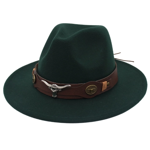 Δυτικό Καπέλο Cowboy Fedora από Μάλλινη Τσόχα Με Πλατύ Γείσο Και Μεταλλική Διακόσμηση Κεφάλι Ταύρου Για Άνδρες Γυναίκες Γάμο Πάρτι