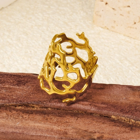 Anillo Rama De Coral Hueco Irregular Acero Inoxidable 304 Chapado En Oro 18K Banda Ancha Ajustable Joyería Para Mujeres