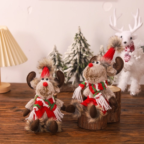 Christmas Reindeer Plush Hanging Ornament Cute Deer Doll With Knit Hat Scarf For Home Window Showcase Party Decoration Gift