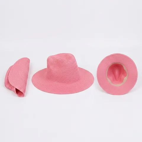 Straw Fedora Hat Foldable Sun Protection Summer Beach Panama Jazz Style Breathable For Women Men