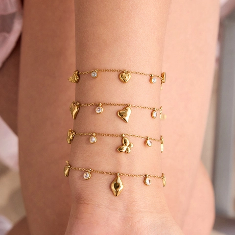 Heart Butterfly Starfish Charm Bracelet Stainless Steel Zirconia Crystal Inlaid 18K Gold Plated Waterproof Jewelry Women
