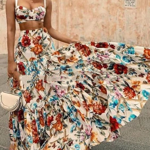 Top Con Spalline Stampa Floreale E Gonna Lunga A Balze Completi Da Spiaggia Estate Stile Mediterraneo Poliestere