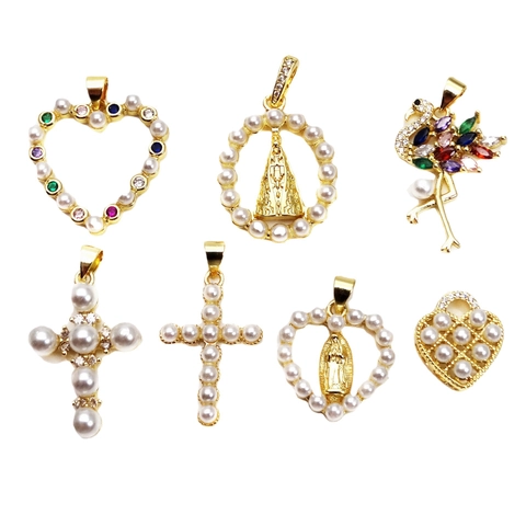 Elegant Heart Cross Flamingo Pendant Charms Copper Zircon Imitation Artificial Pearl DIY Jewelry Making Accessories For Women