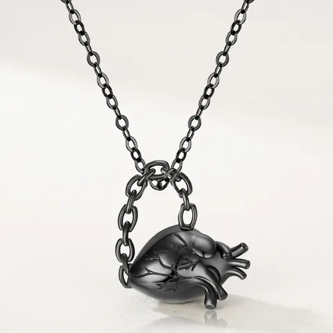 Gothic Anatomisches Herz Anhänger Halskette 925 Sterlingsilber Dunkler Stil Schwarz Galvanisiert Hals Schmuck Für Damen Herren Halloween Geschenk