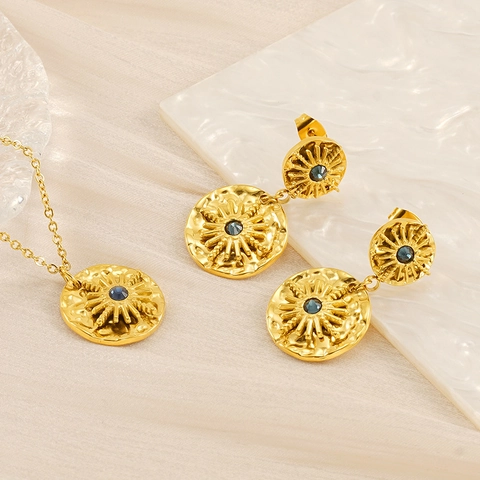 18K Gold Plated Stainless Steel Jewelry With Necklace And Earrings Blue Rhinestone Hammered Star Sunburst Vintage Bohemian Women