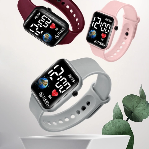 Digital Electronic Watch Luminous Waterproof Silicone Strap Square Dial Sporty LED Wristwatch For Students Kids Girls