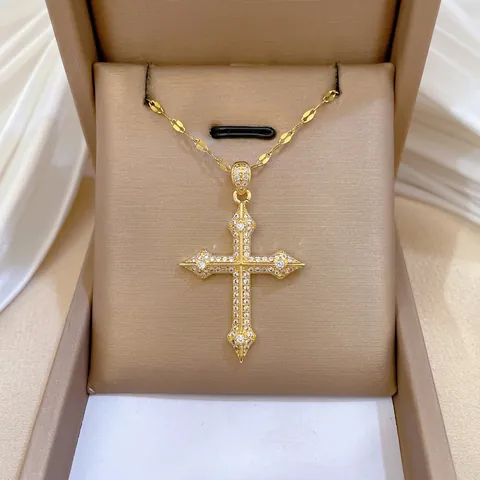 Luxurious Cross Pendant Necklace Gold Tone Titanium Steel Micro Set Cubic Zirconia Religious Jewelry For Women Trendy