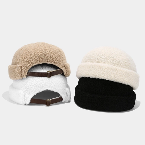 Sherpa Fleece Brimless Docker Hat Warm Winter Miki Cap With Adjustable Leather Strap Round Top Solid Color