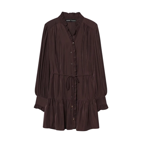 Damen Langarm Volant Minikleid Gepunktet Einfarbig Elegant Satin V Ausschnitt Kordelzug Taille Mode