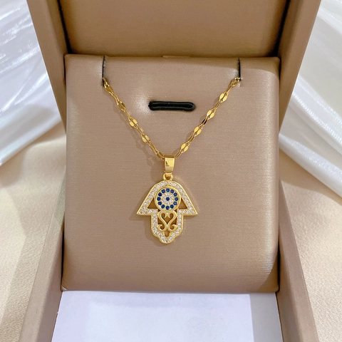 Hamsa Hand Böser Blick Halskette Edelstahlkette Kupfer Zirkon Eingelegt Vergoldet Eleganter Schmuck Frauen