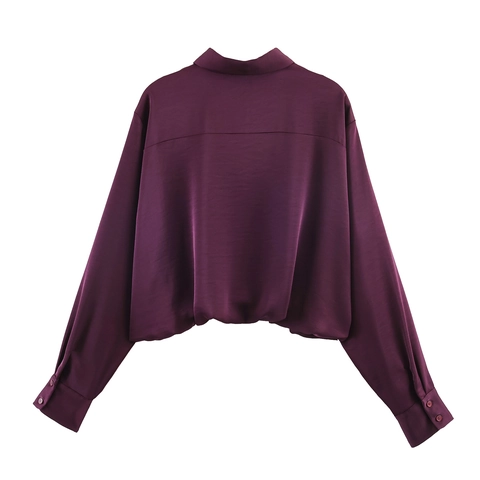 Women Satin Blouse Shirt Button Down Lapel Long Sleeve Loose Fit Elastic Hem Bubble Sleeve Office Casual Top