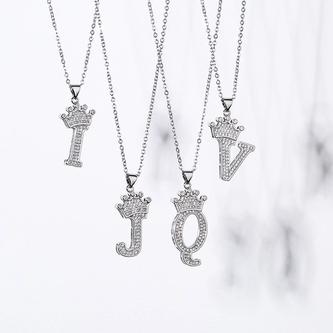 Crown Initial Letter Pendant Necklace Copper Cubic Zirconia Iced Out Hip Hop Jewelry Silver Color