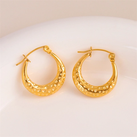 Orecchini A Cerchio In Acciaio Inossidabile Martellato Texture Fusa Vintage Accessorio Moda