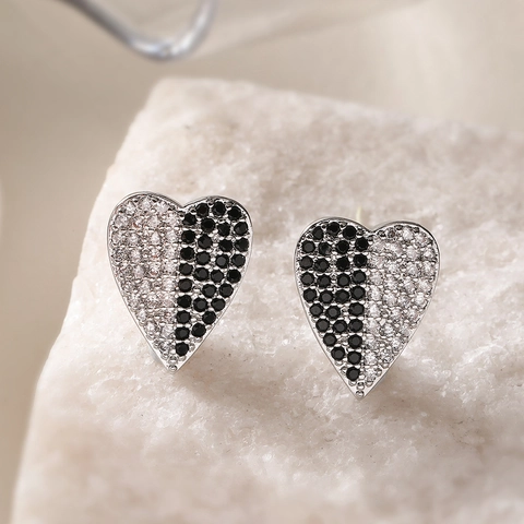 Hart Oorknopjes Koper Zirkonia Zwart Wit Contrast Pavé Elegant Mode Voor Dames