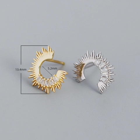 925 Sterling Silver Stud Earrings C Shape Sunburst With Inlaid Baguette Zircon Minimalist Jewelry For Women