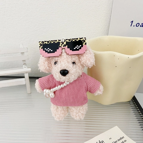 Porte-clés Chien En Peluche Charm De Sac Chiot Teddy Avec Lunettes De Soleil Et Pull En Velours Côtelé Jouet Animal Doux