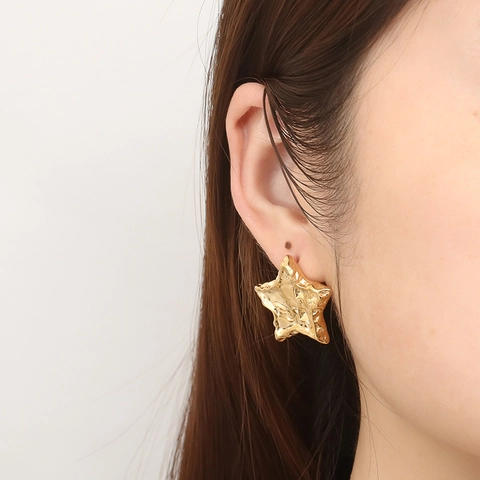 Ster Oorknopjes Roestvrij Staal Onregelmatige Gehamerde Textuur Pentagram Vintage Franse Stijl Sieraden Voor Dames
